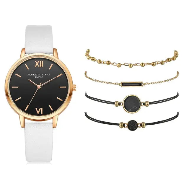 5pcs Set Top Style Fashion Women's Luxury Leather Band Analog Quartz WCase Shape: Round
Dial Window Material Type: Glass
Boxes & Cases Material: No package
Dial Diameter: 38mm
Case Thickness: 8mm
Band Length: 24cm
Band Width: 15mm
HomeLuxury Leather Band Analog Quartz WristWatch Ladies Watch Women Dress Reloj Mujer Black Clock