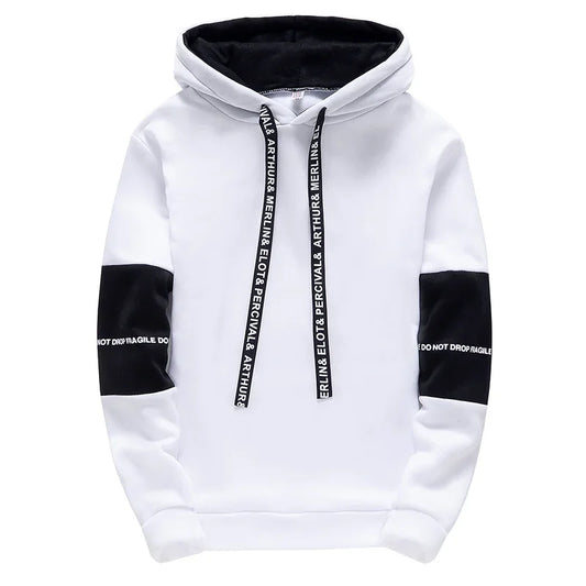 Men's long sleeve white hoodie with black lettered accents, spring hip hop pullover style.