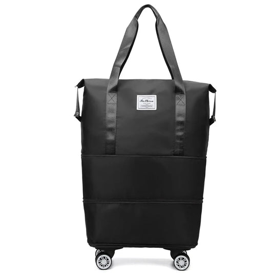 Oxford cloth large capacity travel bag with detachable universal wheels in black.