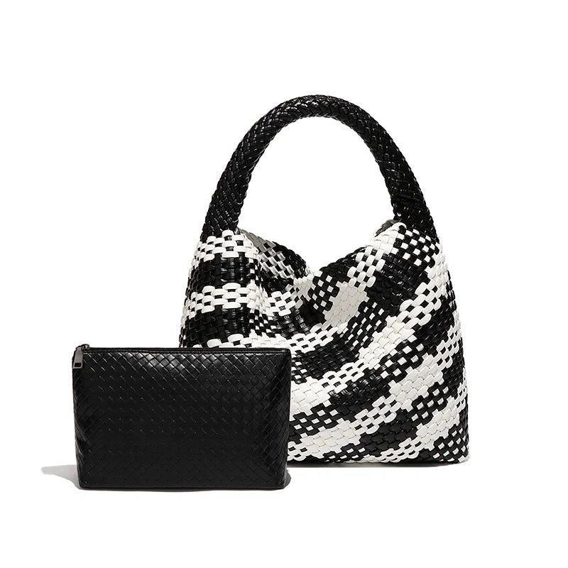 2024 Women Bag Luxury PU Leather Handbag Lady Fashion Handmade Knitting Tote Female Hand-woven Basket Shoulder Bag with Purse