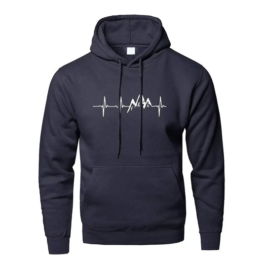Black long sleeve hooded sweatshirt for men with mountain heartbeat design, sportswear.