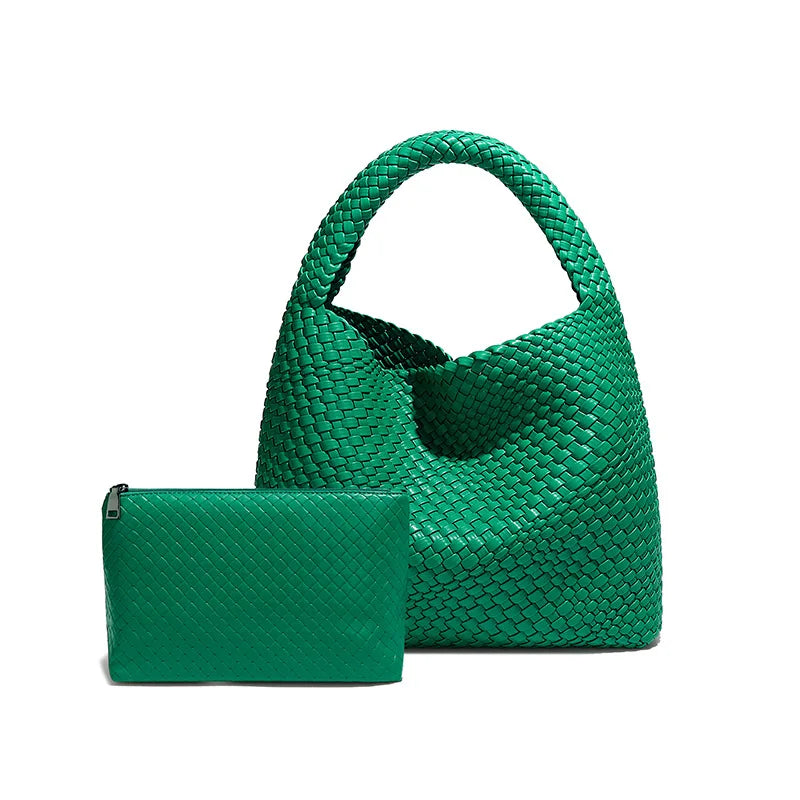 2024 Women Bag Luxury PU Leather Handbag Lady Fashion Handmade Knitting Tote Female Hand-woven Basket Shoulder Bag with Purse
