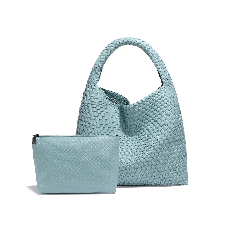 2024 luxury PU leather woven handbag set with knitting tote and matching purse in mint green.