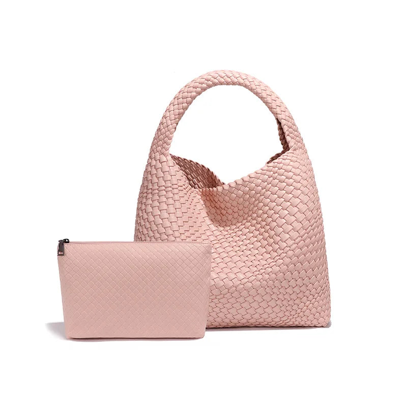 2024 Women Bag Luxury PU Leather Handbag Lady Fashion Handmade Knitting Tote Female Hand-woven Basket Shoulder Bag with Purse