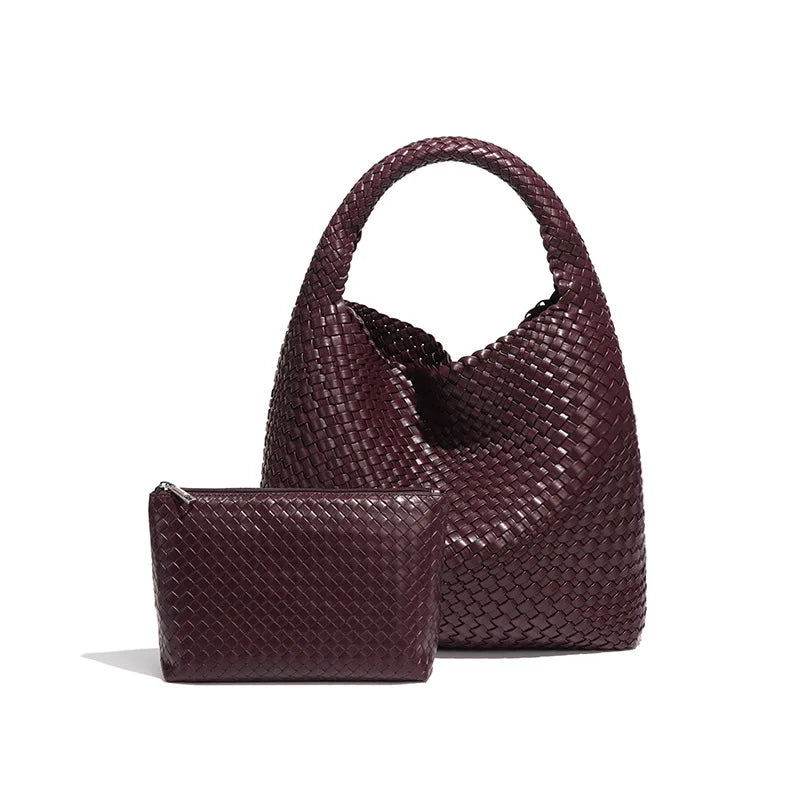 2024 Women Bag Luxury PU Leather Handbag Lady Fashion Handmade Knitting Tote Female Hand-woven Basket Shoulder Bag with Purse