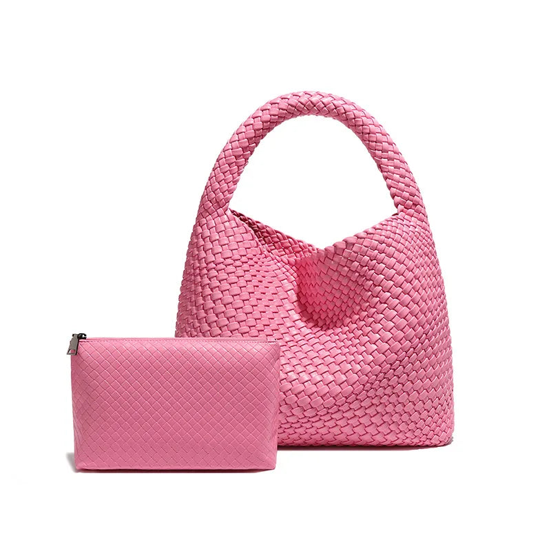 2024 Women Bag Luxury PU Leather Handbag Lady Fashion Handmade Knitting Tote Female Hand-woven Basket Shoulder Bag with Purse