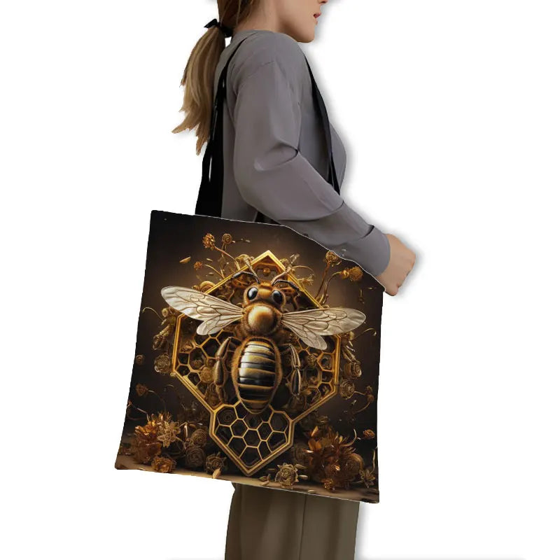 Golden Bee with Flowers Print Shopping Bag Women Handbag Tote Bag Large Capacity Shoulder Bag Eco Portable BookBag