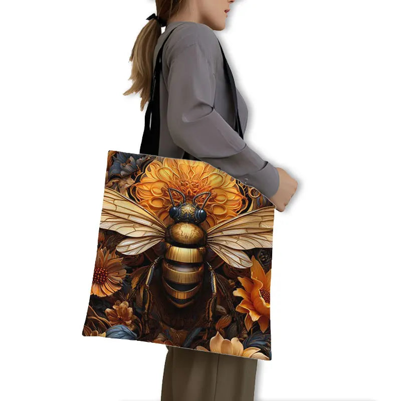 Golden Bee with Flowers Print Shopping Bag Women Handbag Tote Bag Large Capacity Shoulder Bag Eco Portable BookBag