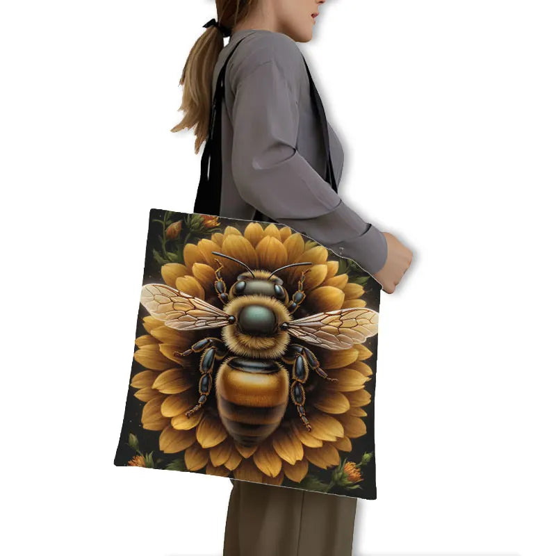 Golden Bee with Flowers Print Shopping Bag Women Handbag Tote Bag Large Capacity Shoulder Bag Eco Portable BookBag