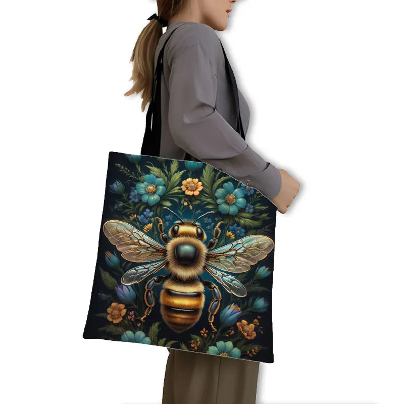 Golden Bee with Flowers Print Shopping Bag Women Handbag Tote Bag Large Capacity Shoulder Bag Eco Portable BookBag