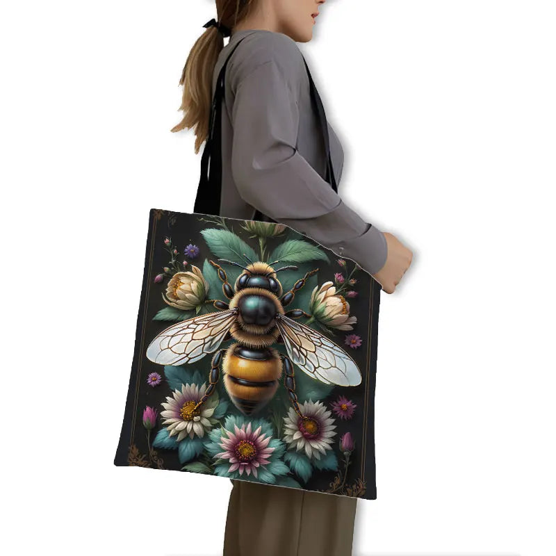 Golden Bee with Flowers Print Shopping Bag Women Handbag Tote Bag Large Capacity Shoulder Bag Eco Portable BookBag