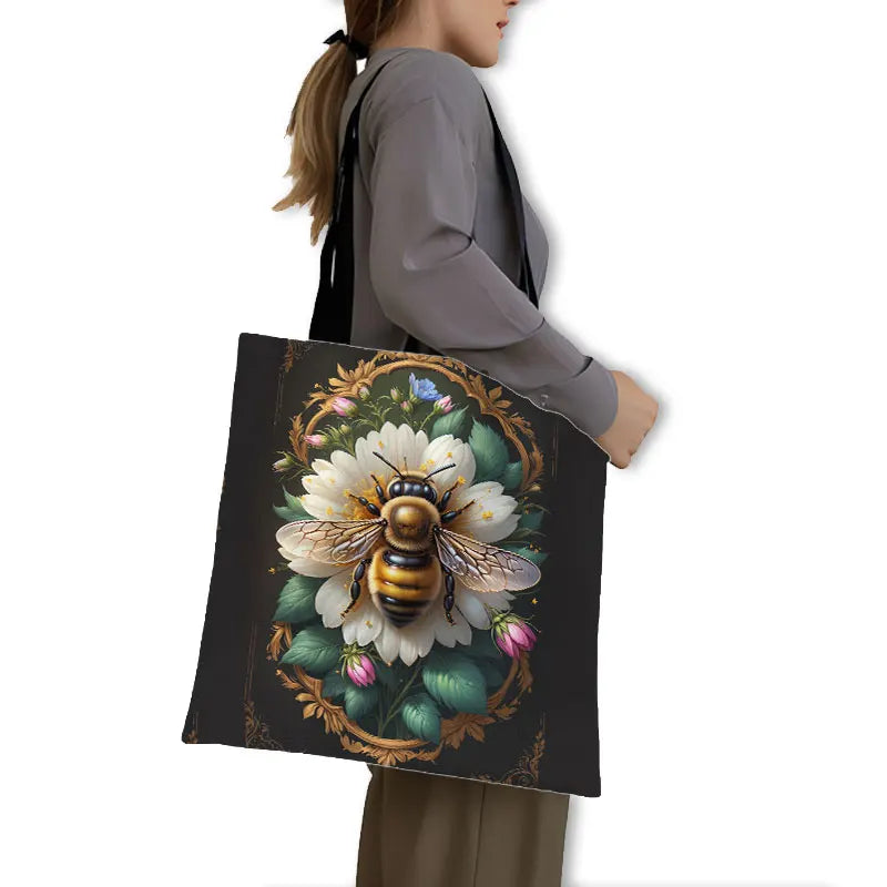 Golden Bee with Flowers Print Shopping Bag Women Handbag Tote Bag Large Capacity Shoulder Bag Eco Portable BookBag
