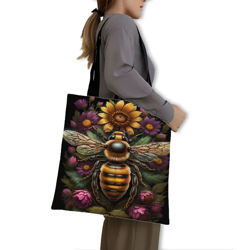 Golden Bee with Flowers Print Shopping Bag Women Handbag Tote Bag Large Capacity Shoulder Bag Eco Portable BookBag