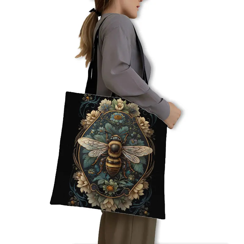 Golden Bee with Flowers Print Shopping Bag Women Handbag Tote Bag Large Capacity Shoulder Bag Eco Portable BookBag