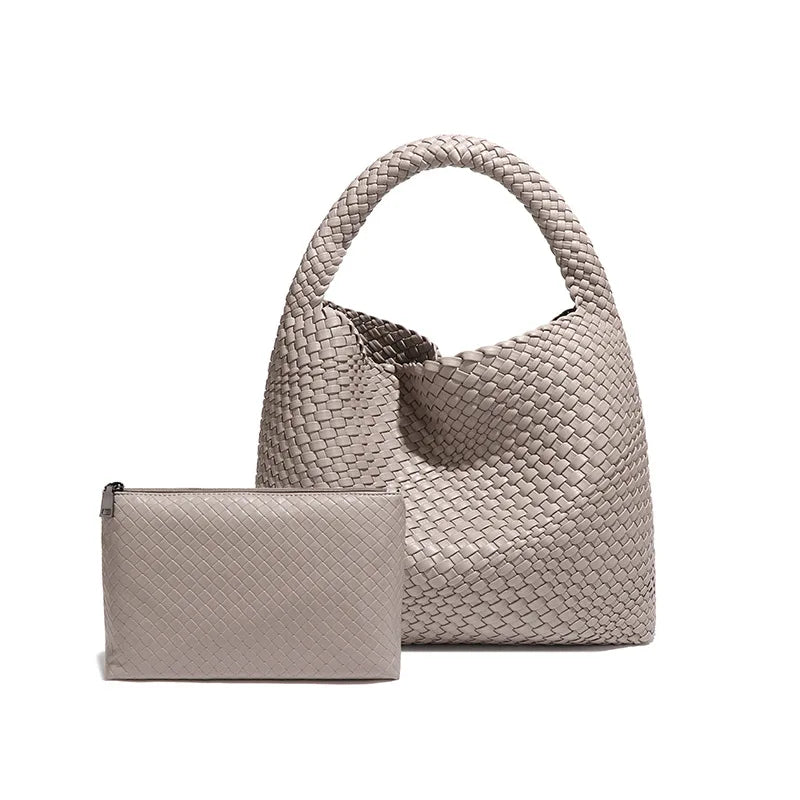 2024 Women Bag Luxury PU Leather Handbag Lady Fashion Handmade Knitting Tote Female Hand-woven Basket Shoulder Bag with Purse