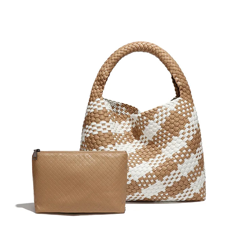 2024 Women Bag Luxury PU Leather Handbag Lady Fashion Handmade Knitting Tote Female Hand-woven Basket Shoulder Bag with Purse