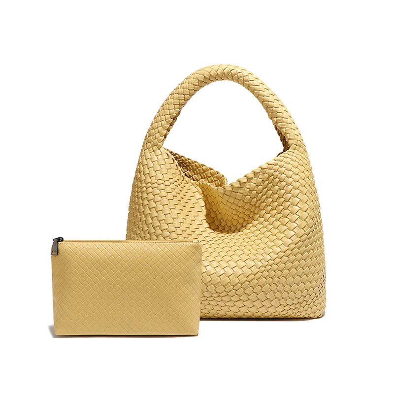 2024 Women Bag Luxury PU Leather Handbag Lady Fashion Handmade Knitting Tote Female Hand-woven Basket Shoulder Bag with Purse
