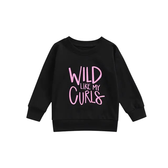 Baby Sweatshirt TopsIntroducing our latest must-have for little ones: the Baby Sweatshirt Tops with "WILD LIKE MY CURLS" Letter Print! This adorable round neck spring attire for ages 1-Baby Sweatshirt Tops