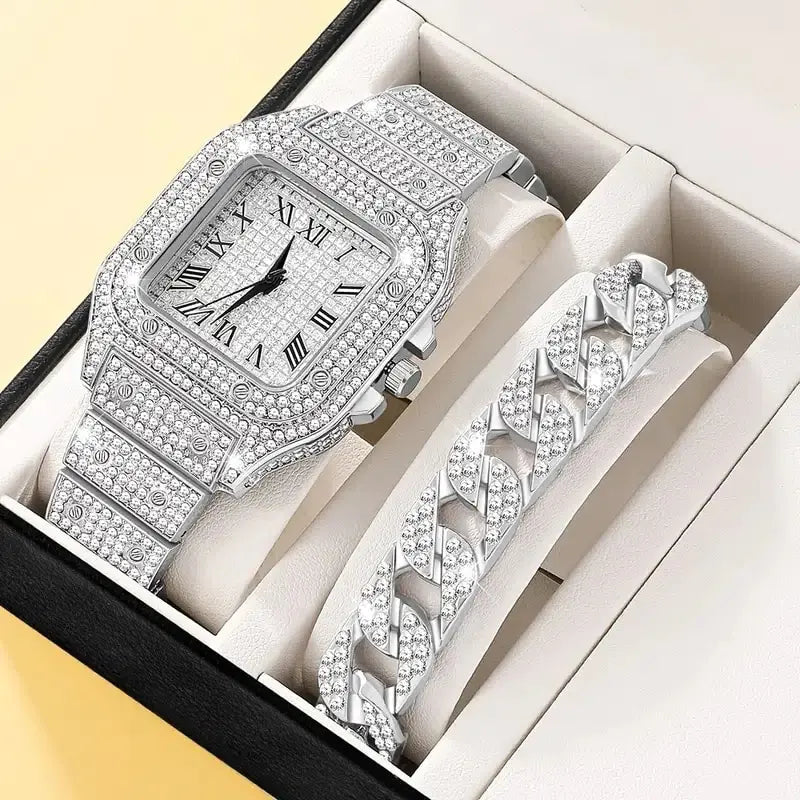 2Pcs Set Diamond Women WatchesIntroducing our 2Pcs Set Diamond Women Watches – the epitome of elegance and luxury. This stunning set features a dazzling gold watch adorned with rhinestones, paire2Pcs Set Diamond Women Watches