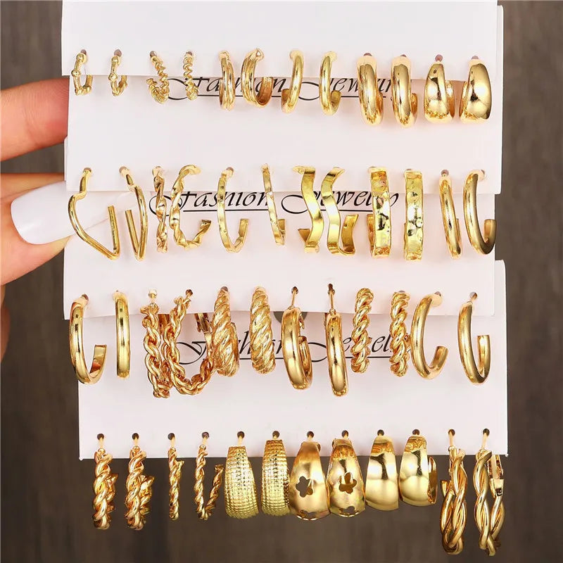 Boho Big Circle Hoop Earring Set for Women, Gold Color Bohemia VintageWomen, Gold Color Bohemia Vintage Pearl Earring, Heart Zircon Ear Studs Jewelry Gifts