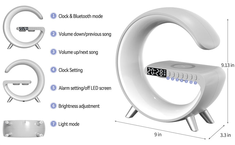 Bluetooth Speaker Wireless Charger LampExperience the perfect blend of illumination and entertainment with our Bluetooth Speaker Wireless Charger Lamp . This multifunctional device serves as a stylish lamBluetooth Speaker Wireless Charger Lamp