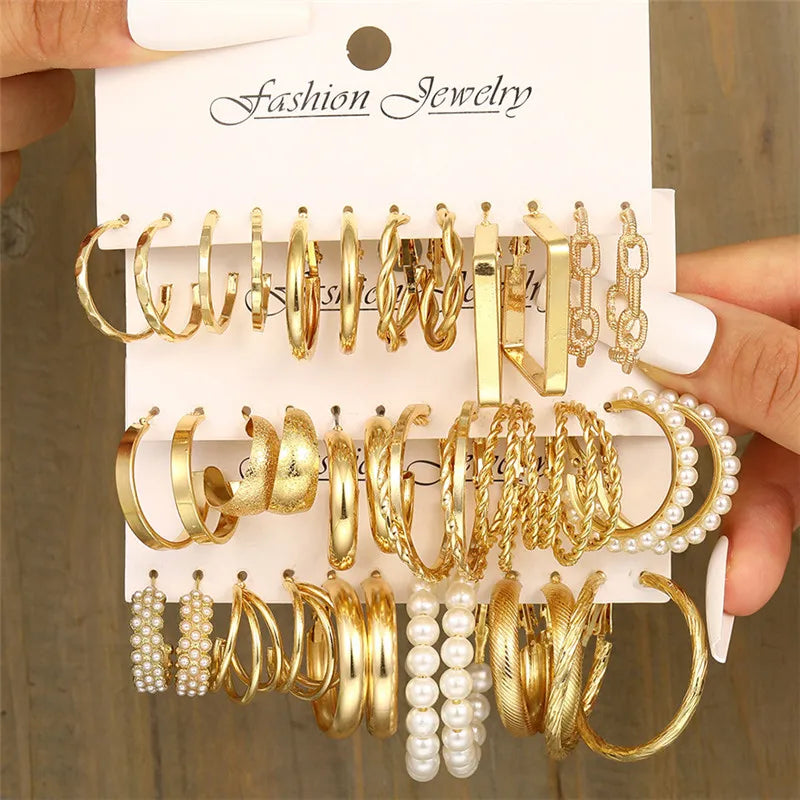 Boho Big Circle Hoop Earring Set for Women, Gold Color Bohemia VintageWomen, Gold Color Bohemia Vintage Pearl Earring, Heart Zircon Ear Studs Jewelry Gifts