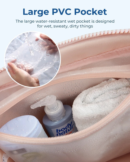 Large PVC pocket in waterproof weekender bag for wet items.