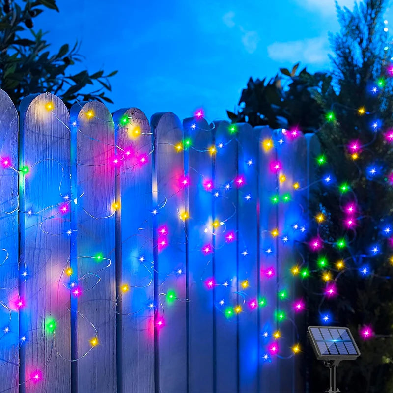 Outdoor LED Solar Fairy Lights Christmas Decoration Waterproof Solar GSpecification:

Solar panel: 1.2V 150mA
Solar cells: 600mAh (5/7/10M) 800mAh (20/30M) hydrogen nickel battery
Charging time: leave in the sun for 4-8 hours
Working tOutdoor LED Solar Fairy Lights Christmas Decoration Waterproof Solar Garland 8Mode Lights