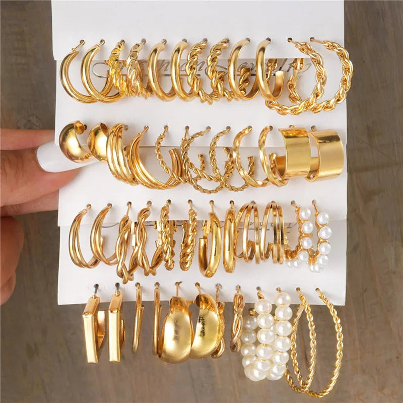 Boho Big Circle Hoop Earring Set for Women, Gold Color Bohemia VintageWomen, Gold Color Bohemia Vintage Pearl Earring, Heart Zircon Ear Studs Jewelry Gifts