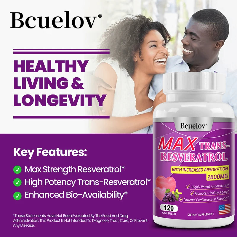 Bcuelov Resveratrol Supplement Supports Immune System, Extra Strength for Heart, 2800 Mg, Antioxidant