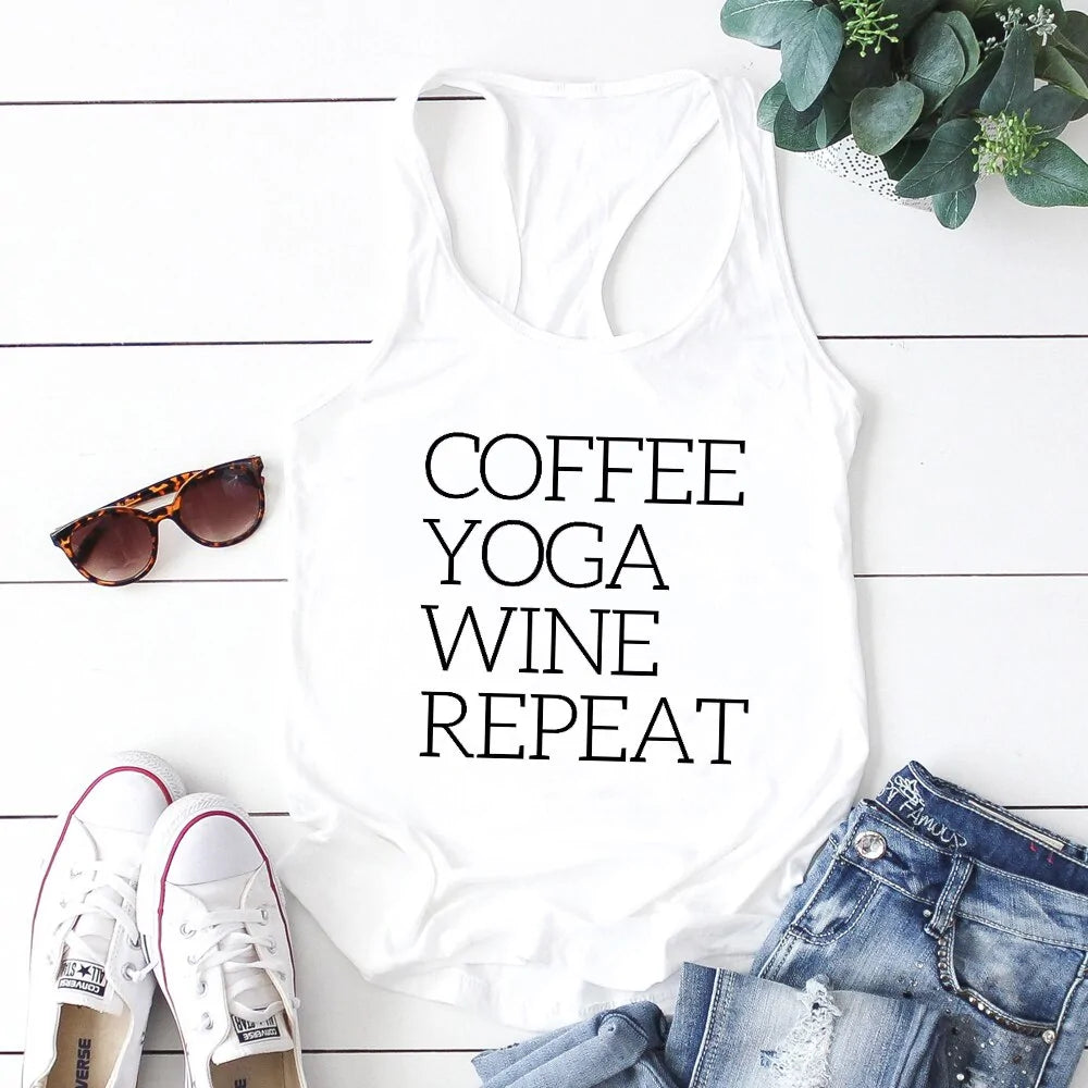 Repeat Coffee, Yoga, Wine: Women's Funny Racerback Tank for Gym and SuWelcome to our store, where your satisfaction is our top priority! We're thrilled to offer drop shipping, wholesale, and customized services, so don't hesitate to reRepeat Coffee, Yoga, Wine