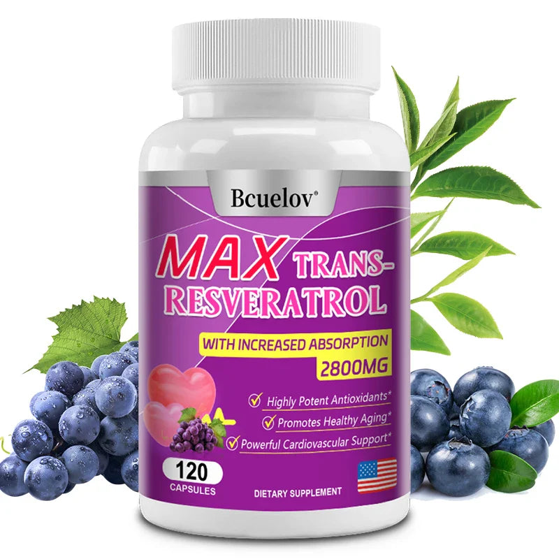 Bcuelov Resveratrol Supplement bottle with 2800mg antioxidant for heart and immune support, featuring 120 capsules and grape imagery.