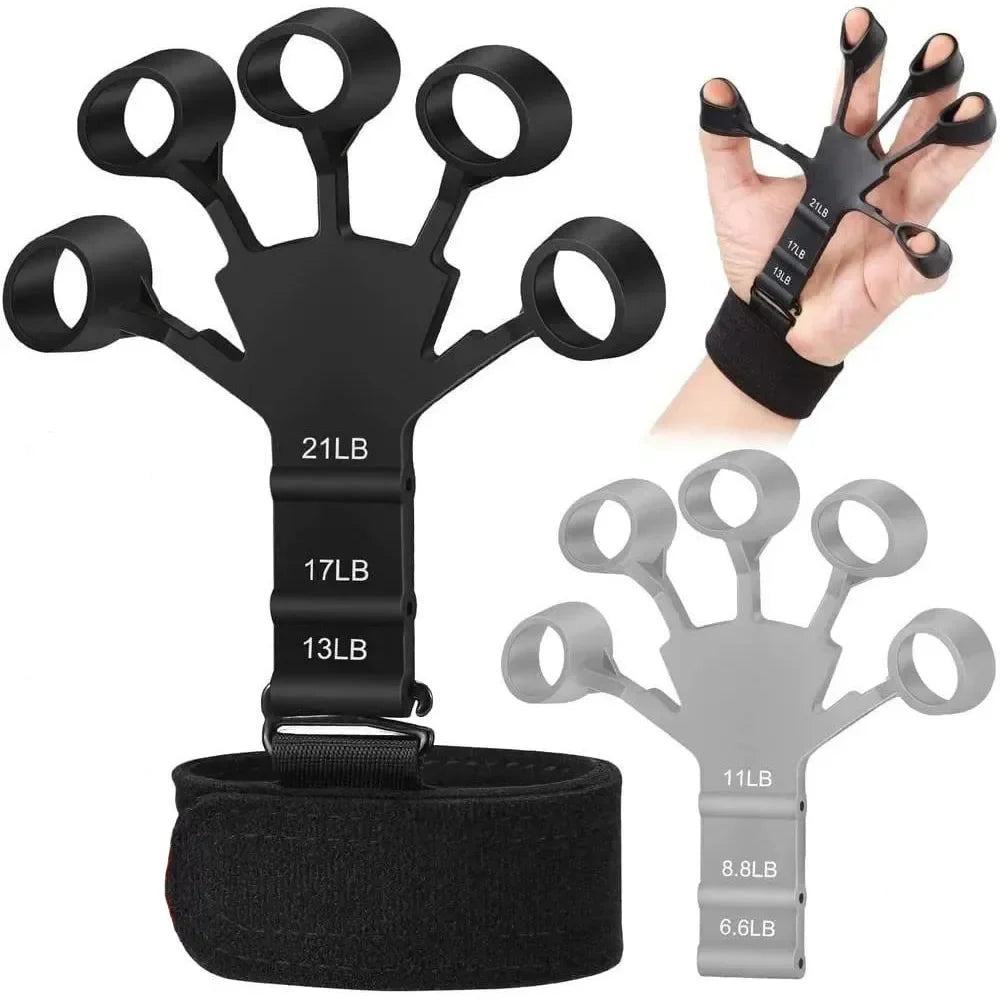 Finger gripper and strengthener with 6 resistant levels in black and gray, portable fitness equipment.