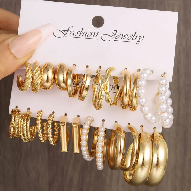Boho Big Circle Hoop Earring Set for Women, Gold Color Bohemia VintageWomen, Gold Color Bohemia Vintage Pearl Earring, Heart Zircon Ear Studs Jewelry Gifts