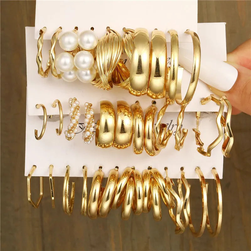 Boho Big Circle Hoop Earring Set for Women, Gold Color Bohemia VintageWomen, Gold Color Bohemia Vintage Pearl Earring, Heart Zircon Ear Studs Jewelry Gifts