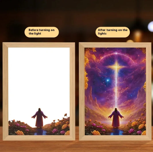 Illuminated Jesus LED Art DecorThis Jesus LED Light Painting brings warmth and spiritual inspiration to any home. Featuring a softly illuminated image of Jesus, this decorative piece provides a peIlluminated Jesus LED Art Decor