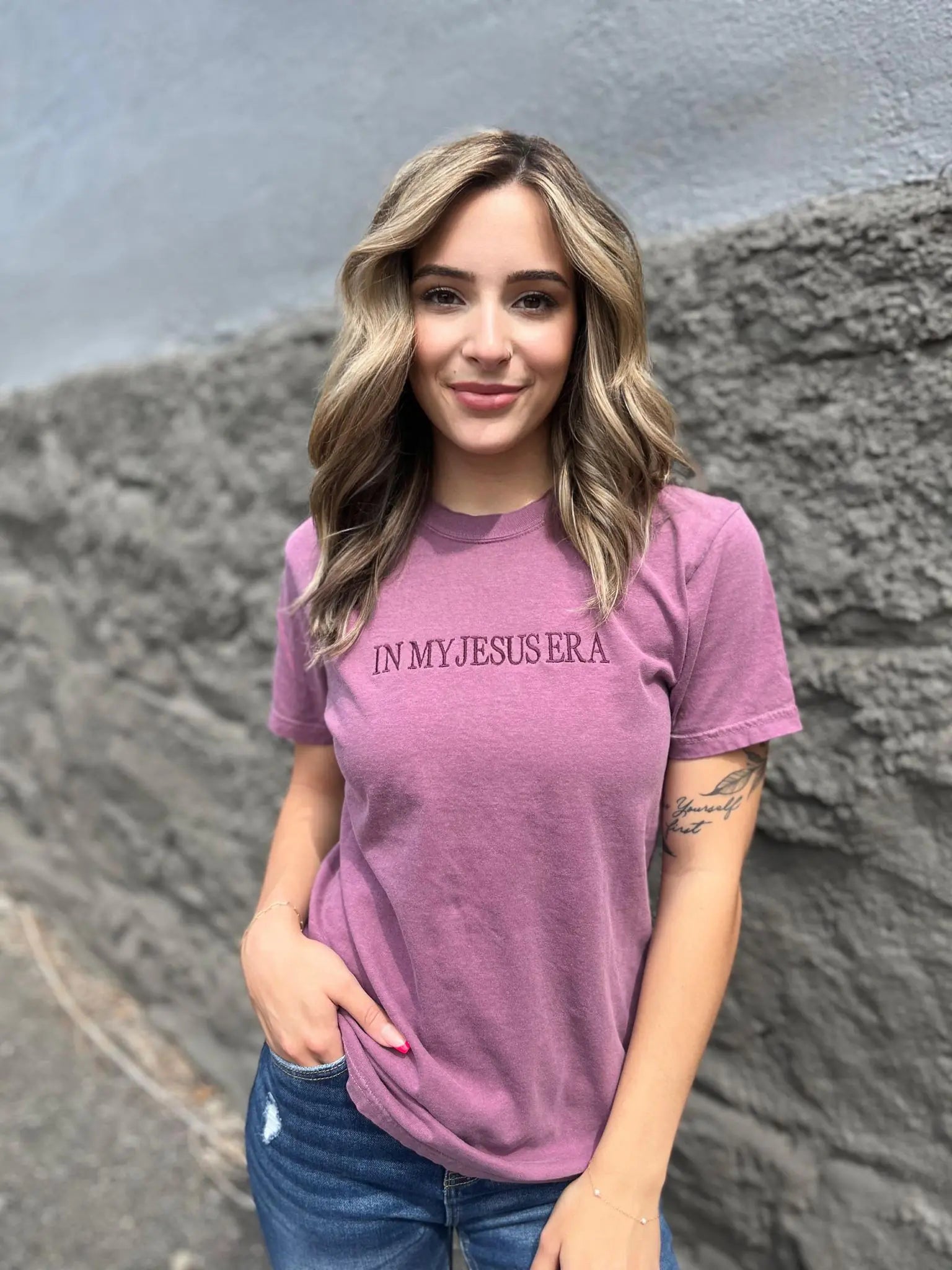In My Jesus Era TeeIn my Jesus era...forever! This tonal embroidered tee is JUST what you need! 

 Model is wearing a size Small, her true size.Jesus Era Tee