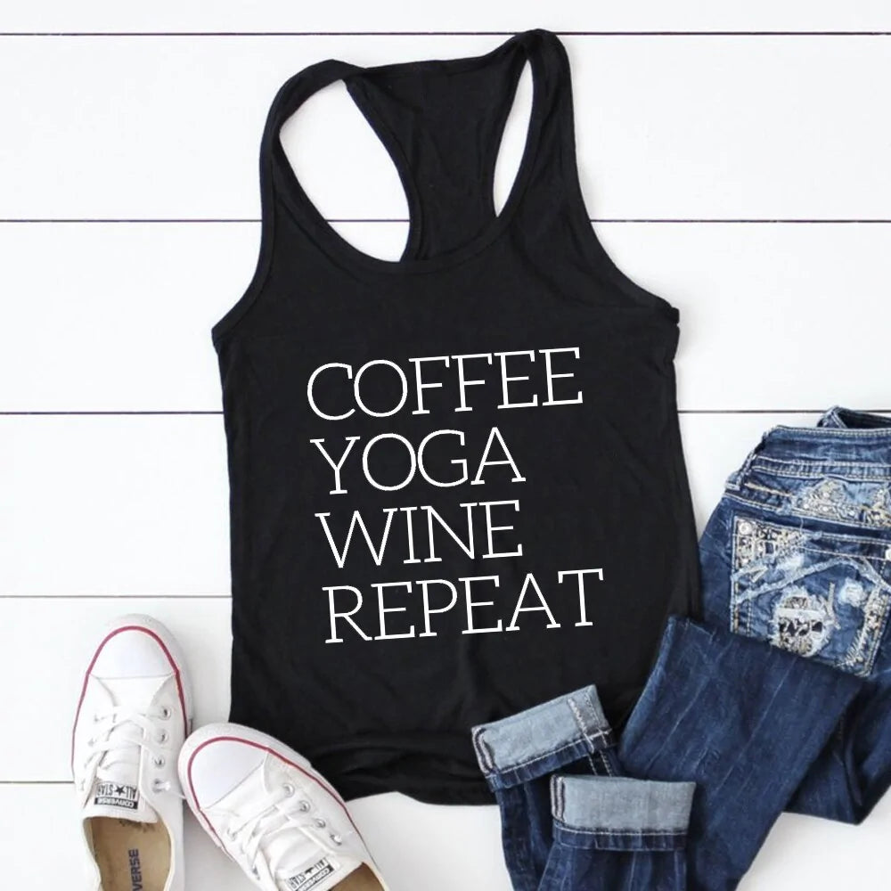 Repeat Coffee, Yoga, Wine: Women's Funny Racerback Tank for Gym and SuWelcome to our store, where your satisfaction is our top priority! We're thrilled to offer drop shipping, wholesale, and customized services, so don't hesitate to reRepeat Coffee, Yoga, Wine