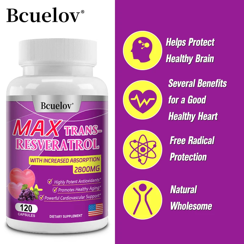 Bcuelov Resveratrol Supplement Supports Immune System, Extra Strength for Heart, 2800 Mg, Antioxidant