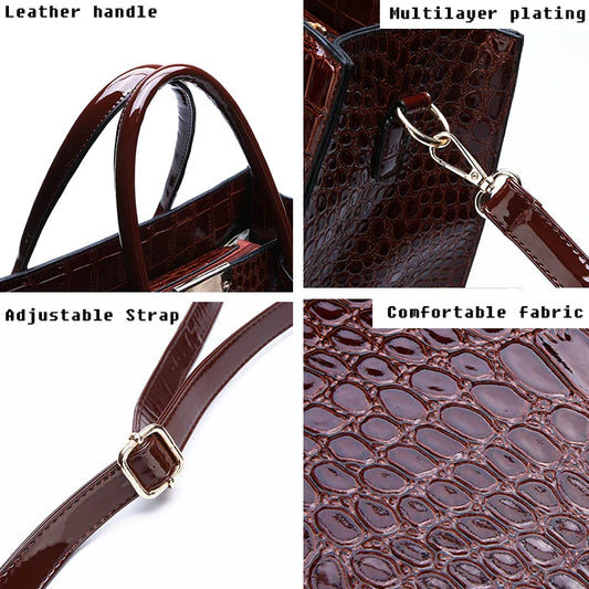 Crocodile print women's handbag with adjustable strap and top handle, featuring leather accents and large capacity for work or travel.