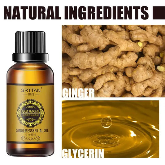 Ginger essential oil bottle with natural ingredients including ginger and glycerin.