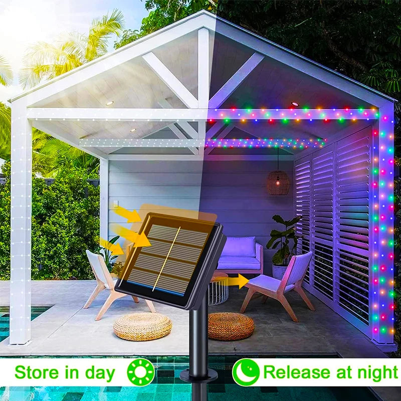 Outdoor LED Solar Fairy Lights Christmas Decoration Waterproof Solar GSpecification:

Solar panel: 1.2V 150mA
Solar cells: 600mAh (5/7/10M) 800mAh (20/30M) hydrogen nickel battery
Charging time: leave in the sun for 4-8 hours
Working tOutdoor LED Solar Fairy Lights Christmas Decoration Waterproof Solar Garland 8Mode Lights