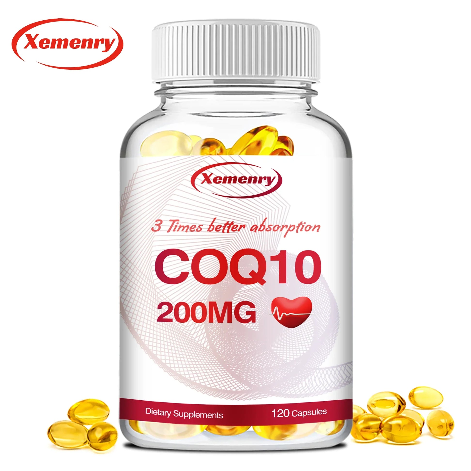 Coenzyme Q10 200mg capsules for energy, heart, and cardiovascular health.