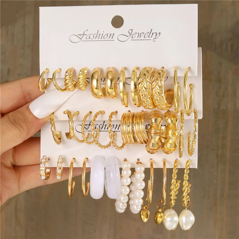 Boho Big Circle Hoop Earring Set for Women, Gold Color Bohemia VintageWomen, Gold Color Bohemia Vintage Pearl Earring, Heart Zircon Ear Studs Jewelry Gifts