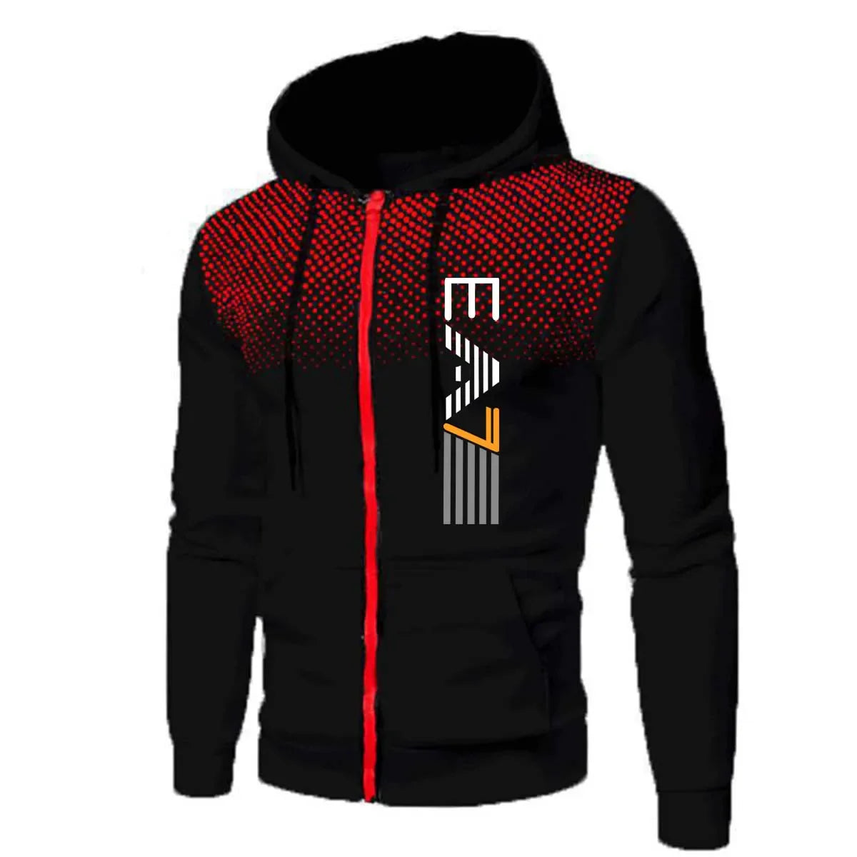 Men's black and red hoodie for fitness and gym activities, part of a running set and sportswear jogger tracksuit.