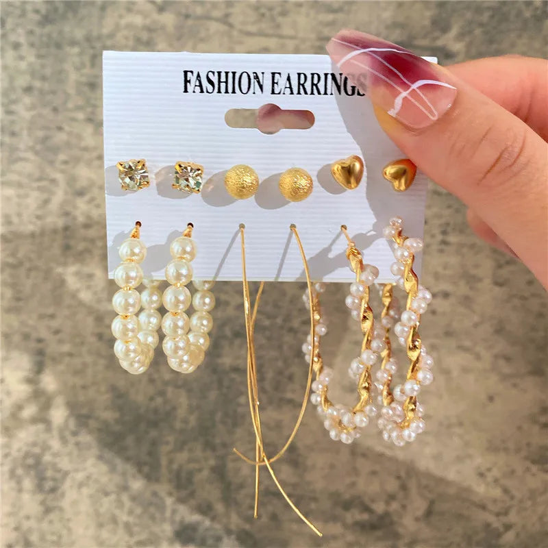 Boho Big Circle Hoop Earring Set for Women, Gold Color Bohemia VintageWomen, Gold Color Bohemia Vintage Pearl Earring, Heart Zircon Ear Studs Jewelry Gifts