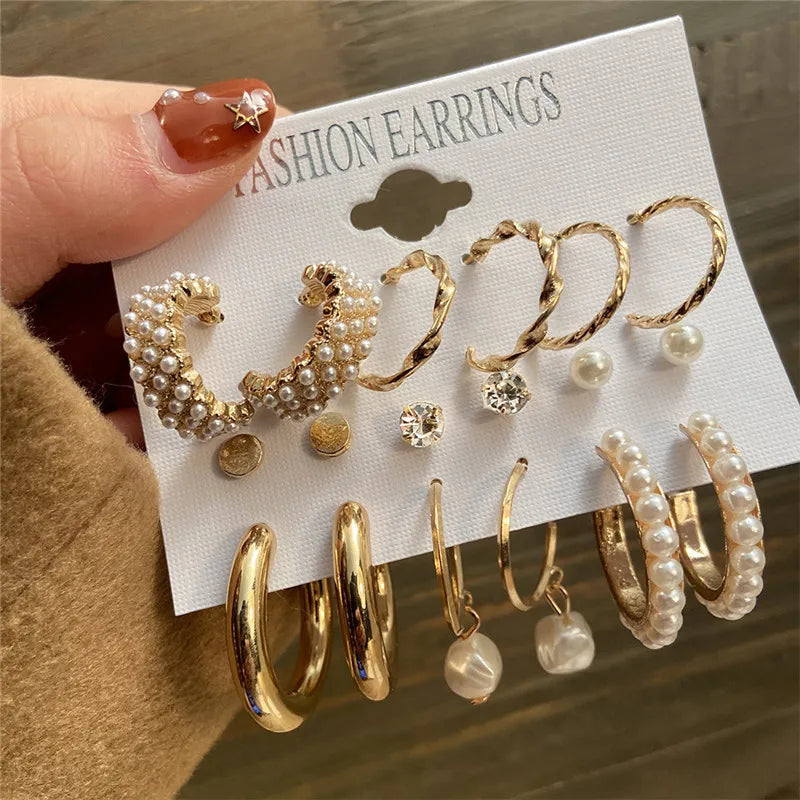 Boho Big Circle Hoop Earring Set for Women, Gold Color Bohemia VintageWomen, Gold Color Bohemia Vintage Pearl Earring, Heart Zircon Ear Studs Jewelry Gifts