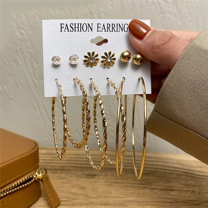 Boho Big Circle Hoop Earring Set for Women, Gold Color Bohemia VintageWomen, Gold Color Bohemia Vintage Pearl Earring, Heart Zircon Ear Studs Jewelry Gifts