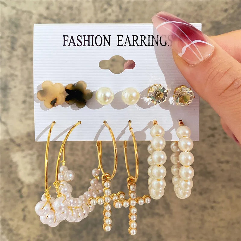 Boho Big Circle Hoop Earring Set for Women, Gold Color Bohemia VintageWomen, Gold Color Bohemia Vintage Pearl Earring, Heart Zircon Ear Studs Jewelry Gifts