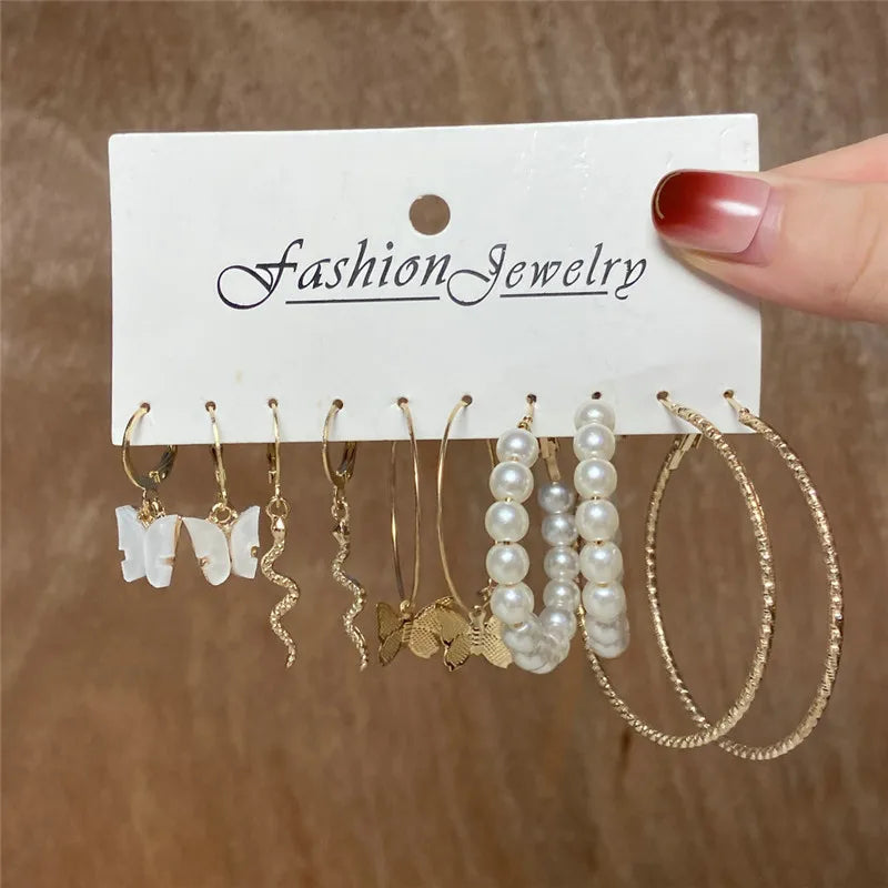Boho Big Circle Hoop Earring Set for Women, Gold Color Bohemia VintageWomen, Gold Color Bohemia Vintage Pearl Earring, Heart Zircon Ear Studs Jewelry Gifts
